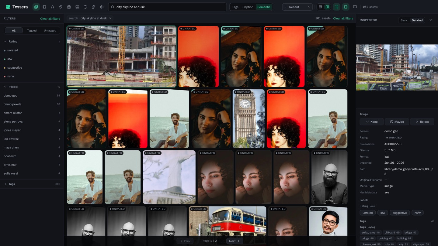 Tessera inspector showing auto-generated tags and a written caption for a photo