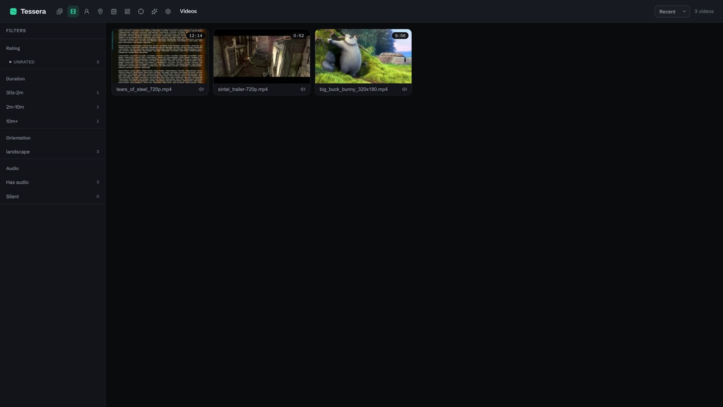 Tessera video view with automatic scene detection, a scrubber, and keyframe posters